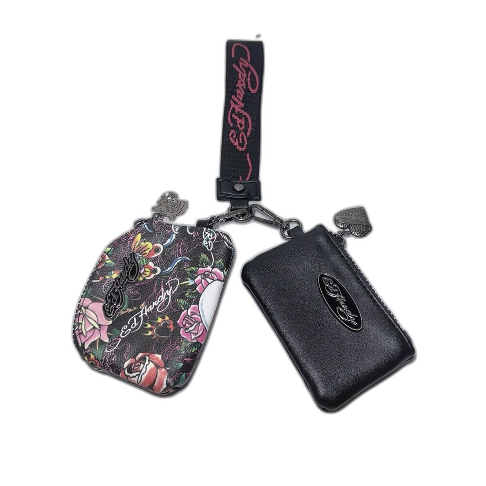 NWOT Ed Hardy Double Pouch Black Wristlet KeyChain Charms Skull & Rose Set